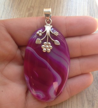 Zilveren edelsteen hanger grote ovale roze Botswana Agaat